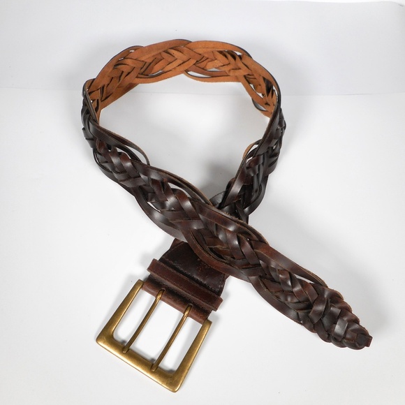 Wide Genuine Leather Brown Braided Belt S M 2-Prong Big Brass Buckle 33-36 Waist main image 3